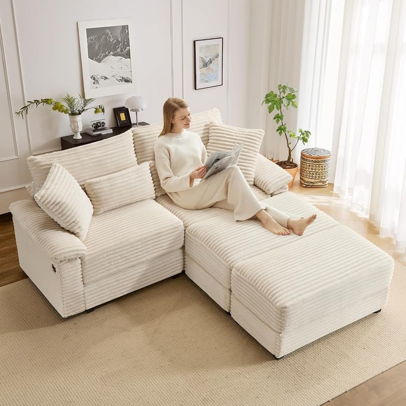 SUNWAVE 74" W Double Chaise Lounge Chair Indoor, Oversized Loveseat with Storage Ottoman, Corduroy Couch with USB Charging, Removable Ottoman, and Coffee Table Cushions for Living Room Bedroom