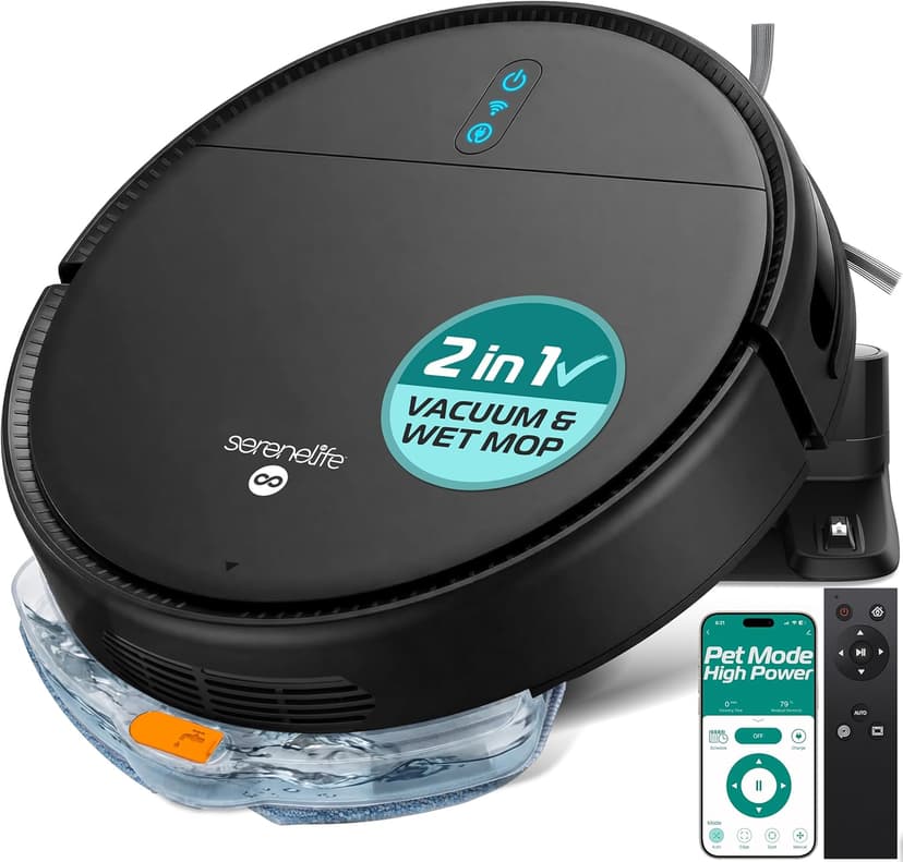 SereneLife Smart Robot Vacuum Cleaner and Mop Combo, App Control, 3 Cleaning Modes, Anti-Fall Sensors, Self-Charging, High Suction Ideal for Pet Hair, Carpet and Hard Floors, Black