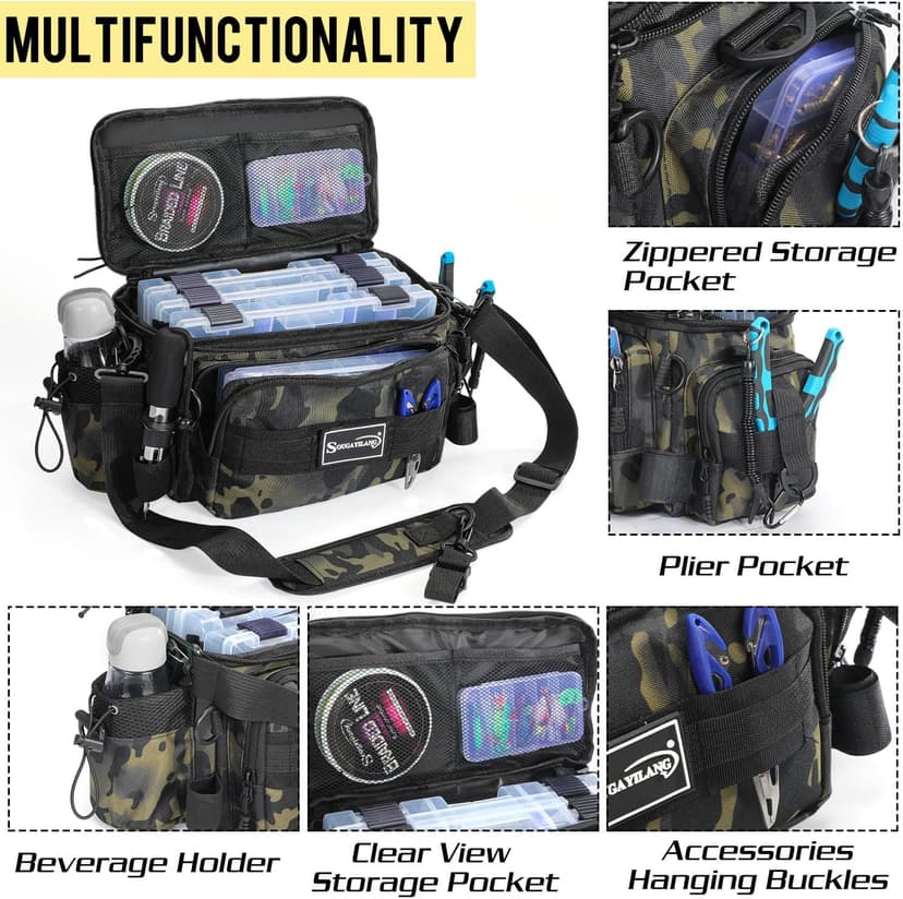 Sougayilang Fishing Tackle Bags with 3600 Tackle Tray - Fishing Tackle Storage Bags for Saltwater or Freshwater Fishing Gear - Padded Shoulder Strap - Tackle Box Bag Fishing Bag(Green)