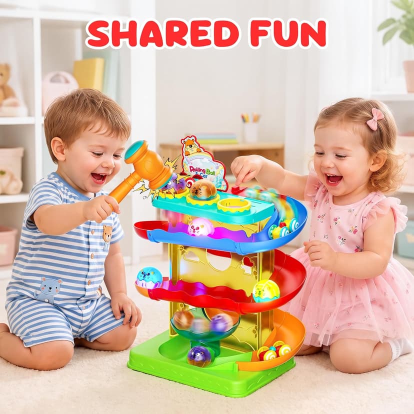 Hammer Rolling Ball, Launch and Race Car-Cause and Effect Sensory STEM Learning Toys for 1-5 Year Old Boys & Girls 2-in-1 Ball Drop & Car Ramp Race Track Montessori Toy for Toddlers Ages 1-5 B0FLDB14N8