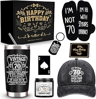 70th Birthday Gifts for Men - Unique Box with 20 Oz Tumbler, Scented Candle, Socks, Baseball Cap for Husband, Dad, Grandpa, Friends, Teachers, Boss