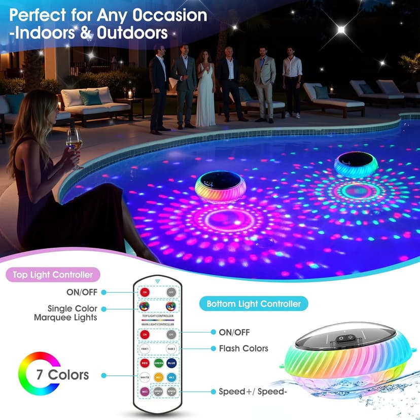 Floating Pool Lights Solar Powered, 7.6 Inch RGB Upper& Lower Color Changing Solar Pool Lights that Float with Dynamic Lighting Effects, IP68 Waterproof Swimming Pools Light for Party Decor(2)