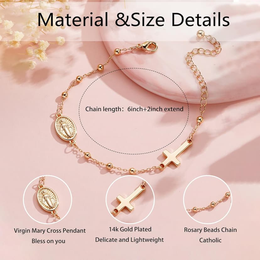 Catholic Virgin Mary Cross Bracelet Gifts for Girls Teens Women, Rosary Beads Charm Link Chain Bracelet Christmas Christian Religious Jewelry Gifts