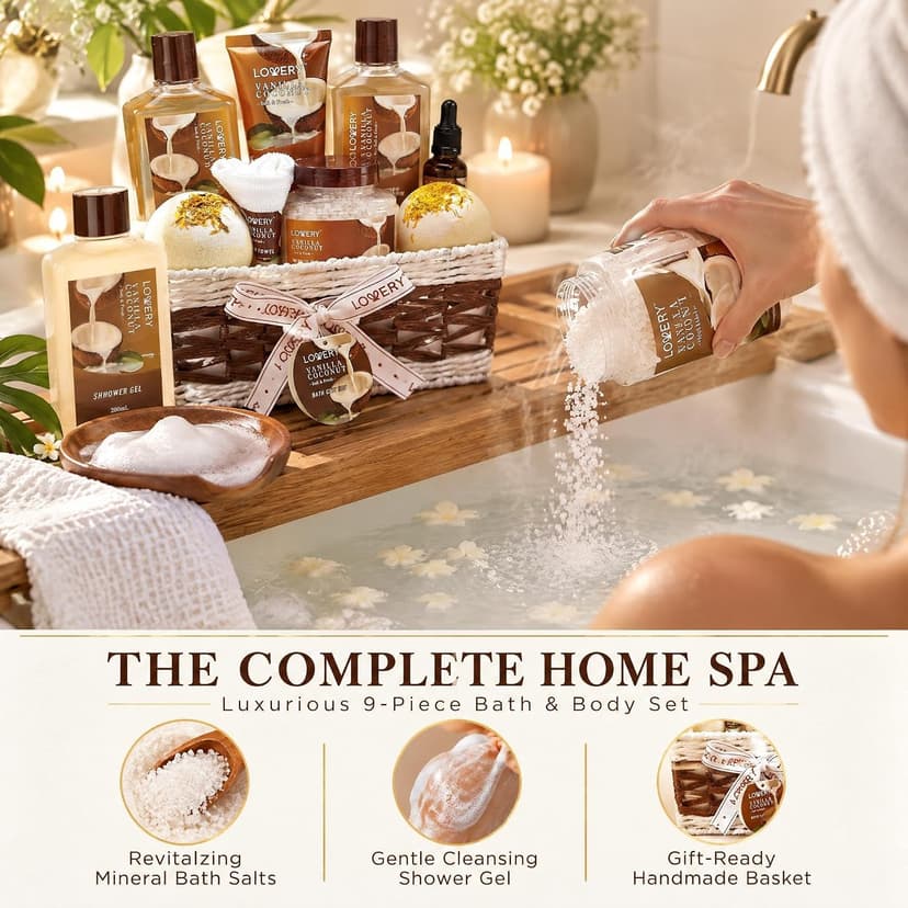 Gifts For Women Gift Basket for Women– 9 Piece Set of Vanilla Coconut Home Spa Set, Includes Fragrant Lotions, Extra Large Bath Bombs, Coconut Oil, Luxurious Bath Towel & More
