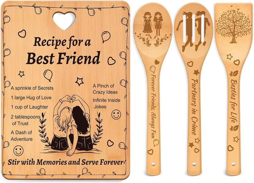 Recipe for a Best Friend Gift Set, Bamboo Cutting Board with Engraved Utensils, Unique Kitchen Gifts for Women, Bestie Gifts for Birthday, Christmas, Housewarming, Graduation, Long Distance Friendship