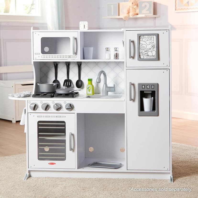 Melissa & Doug Wooden Chef’s Pretend Play Toy Kitchen with “Ice” Cube Dispenser – Cloud White, Kids Kitchen Play Set, for Toddlers and Kids Ages 3+ - FSC Certified