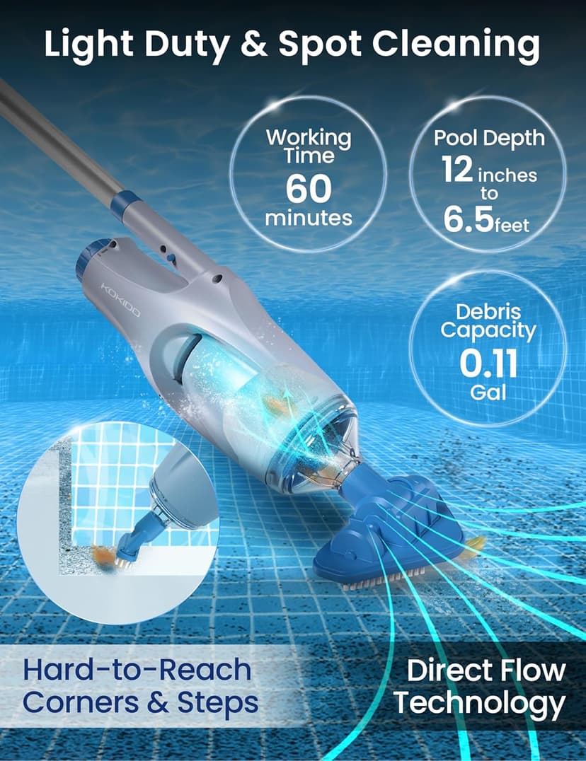 KOKIDO Rechargeable Handheld Hot Tub Spa Pool Vacuum, IPX8, Aluminum Pole and 2 Brush Heads, Cordless, Ideal for Light-Duty Spot Cleaning Spas and Small Pools up to 20ft, 60-min, Sand and Debris XV110