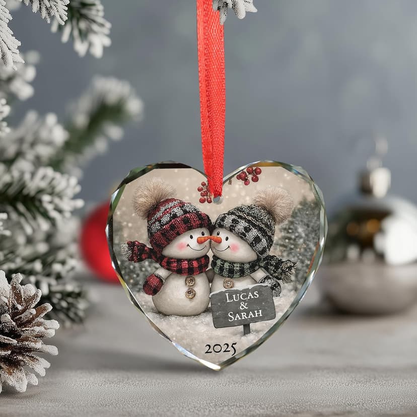 Noni Personalized Couple Heart Glass Ornament, Custom Names Printed and Year 2025, Snowman Couple Art Clear Faceted Tree Keepsake, Gifts for Couples, Gifts for Christmas