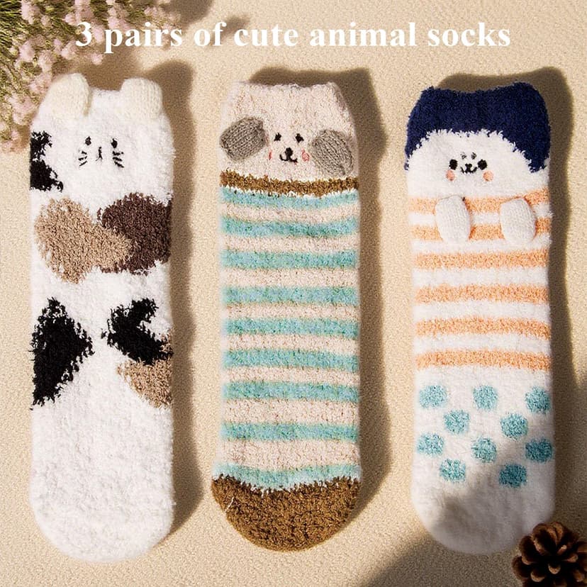 Loritta 3 Pairs Womens Fuzzy Socks Winter Warm Fluffy Soft Slipper Home Sleeping Cute Animal Socks