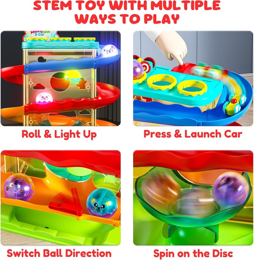 Hammer Rolling Ball, Launch and Race Car-Cause and Effect Sensory STEM Learning Toys for 1-5 Year Old Boys & Girls 2-in-1 Ball Drop & Car Ramp Race Track Montessori Toy for Toddlers Ages 1-5 B0FLDB14N8