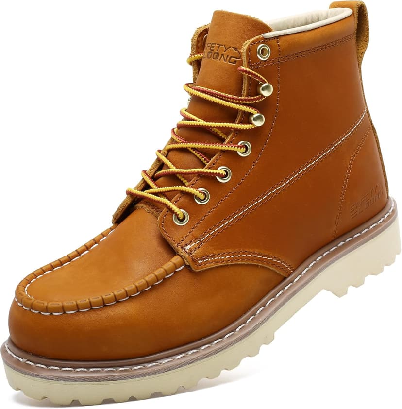 SAFETY LOONG Moc Toe Work Boots for Men Soft Toe Comfortable Full-Grain Leather 6" Non Slip and Water Resistant Safety Ankle Workboots