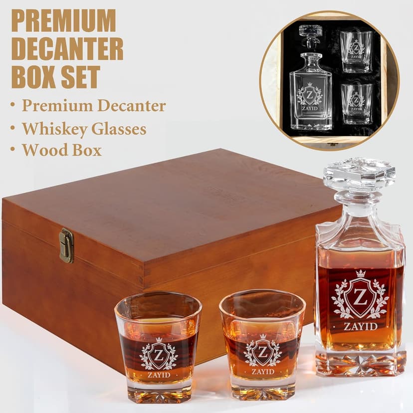 Personalized Whiskey Decanter, Custom Liquor Decanter 25oz, Engraved Whiskey Glass Set With Wood Gift Box Options, Whiskey Gifts for Men, Dad, Birthday, Retirement, Wedding (Square Decanter)