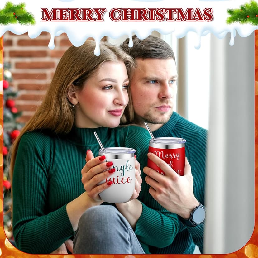 12 Pcs Christmas Wine Tumbler Set, 12 Oz Stainless Steel Double Wall Vacuum Insulated Coffee Mug Stemless Xmas Wine Glasses With Lid Straw Brushes for Women Friends Men Travel Gifts (Texts)