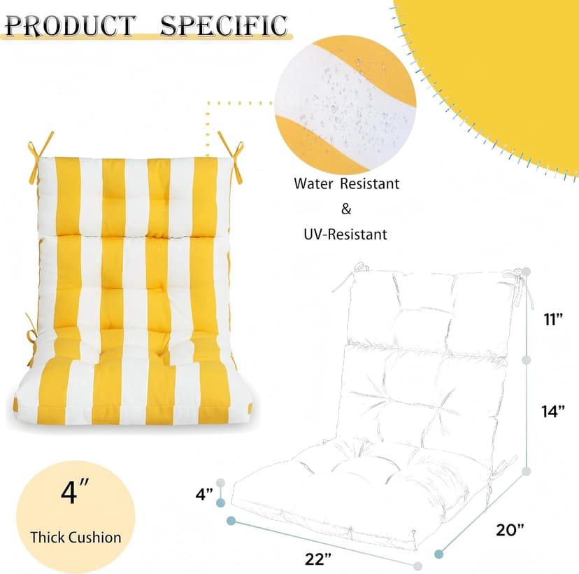 Only choice High Back Adirondack Chair Cushion Set of 2-44”x 22”x 4” Waterproof, Fade-Resistant Outdoor Rocking Chair Cushions for Patio, Garden, Porch (2, Yellow White Stripes)