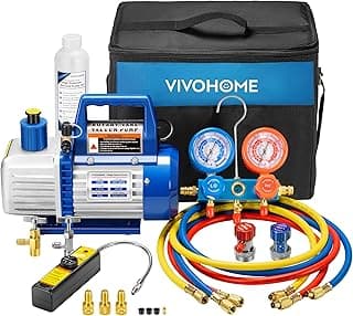 VIVOHOME 110V 1/3 HP 4CFM Single Stage Rotary Vane Air Vacuum Pump and R134a AC Manifold Gauge Set Kit with Leak Detector Carry Bag for HVAC Air Conditioning Refrigeration Recharging ETL Listed
