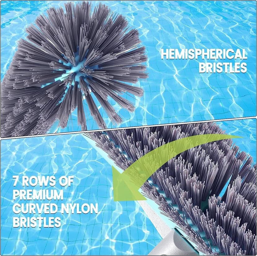 Swimming Pool Brush Head with Round Ends,17.5" Heavy Duty Aluminum Back Head for Cleans Walls, Tiles & Floors, 7 Rows Premium Nylon Bristles with EZ Clips (Blue Grey)