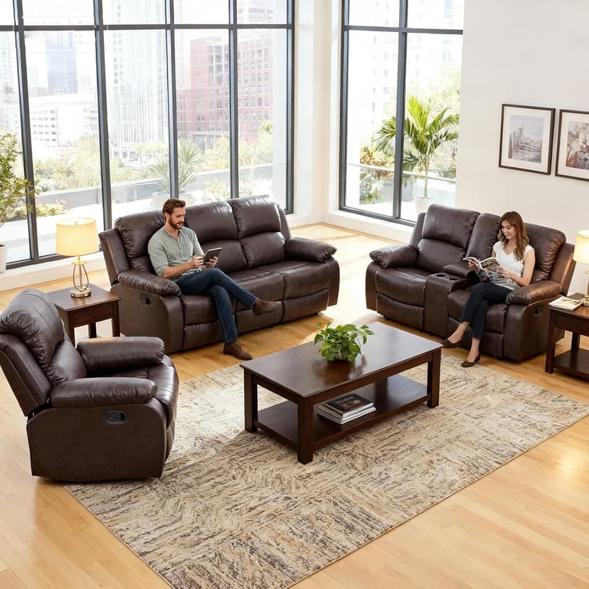 Saxum Tegmen Living Room Furniture Sets, Leather Recliner Sofa, Sectional Sofa Set with Convertible Table & Cup Holders, 3 Pieces Furniture for Living Room/RV/Office (3 Pieces Set, Brown Leather)