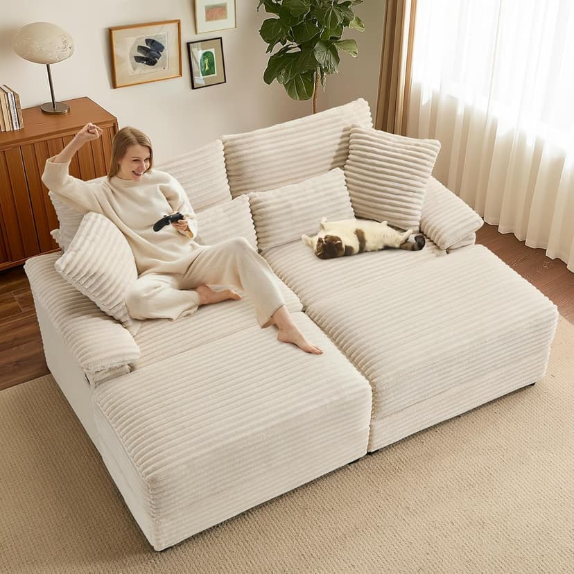 SUNWAVE 74" W Double Chaise Lounge Chair Indoor, Oversized Loveseat with Storage Ottoman, Corduroy Couch with USB Charging, Removable Ottoman, and Coffee Table Cushions for Living Room Bedroom