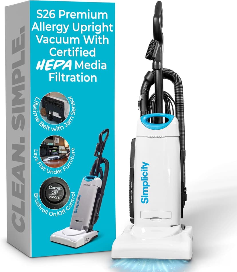 Simplicity Vacuums Premium Allergy Upright Vacuum Cleaner – Multi-Surface Bagged Vacuum Cleaner for Home with Charcoal HEPA Filter Media, Powerful Pet Hair Pickup, Brushroll Activation Switch, S26
