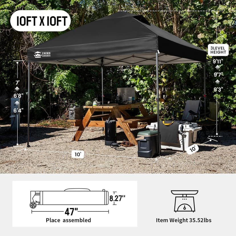 CROWN SHADES 10x10 Pop Up Canopy Tent - Patented Center Lock One Push Instant Outdoor Canopy Beach Tent with STO-N-Go Bag 8 Stakes & 4 Sand Bags,Black