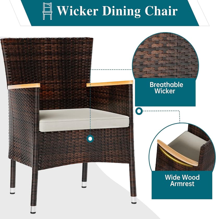 Shintenchi 7 Piece Patio Dining Set, Wicker Patio Conversation Set with Wooden Table Top, Outdoor Table and Chairs with Soft Cushions for Backyard, Deck and Garden, Brown Rattan