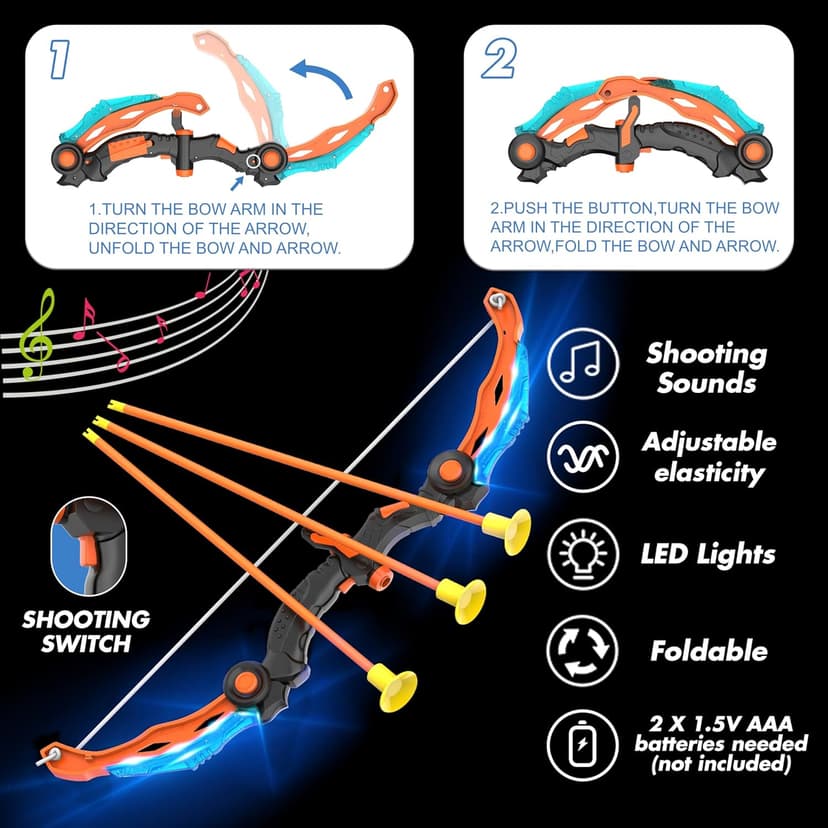 KKONES Kids Bow and Arrow Set, 2 in 1 Shooting Game with LED Light Up Archery Toy, Foam Balls, Suction Cup Arrows, Target, Quiver, Indoor Outdoor Toys for Kids Boys Girls Gifts