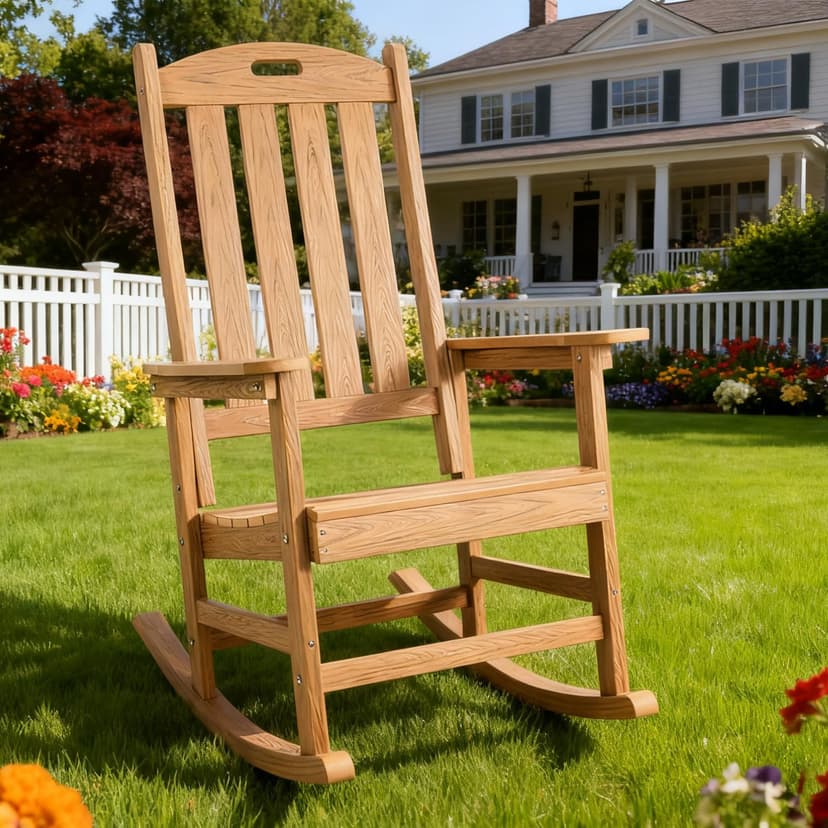 Rocking Chair Indoor Oversized Wooden Slatted Porch Rocker for Outdoor All Weather Lounge Garden Chair Comfortable Seating for Patio Deck Backyard Lawn Fire Pit, Wide Seat and High Back, Teak