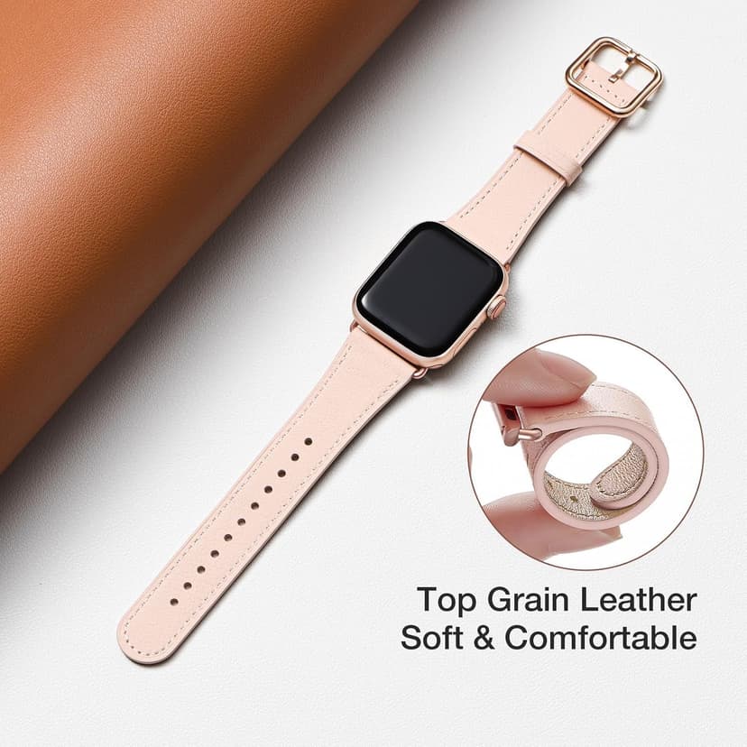 MNBVCXZ Leather Bands Compatible with Apple Watch Band Women, Womens Genuine Replacement Strap for iWatch Series 11 10 9 8 7 6 5 4 3 2 1 SE 3 SE 2 SE (42mm 41mm 40mm 38mm, Pink Sand/Rose Gold)