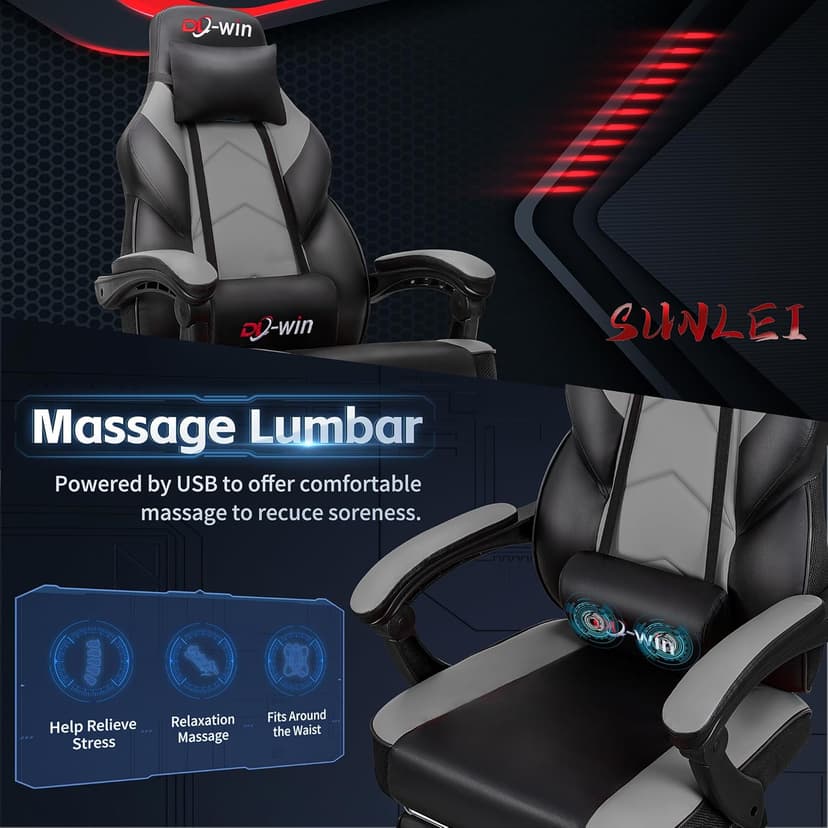 DL-win Gaming Chairs for Adults, Computer Chair with Footrest and High Back, Big and Tall Gamer Chair's with Massage Lumbar Support, 360° Swivel Height Adjustable Gaming Chair, Grey