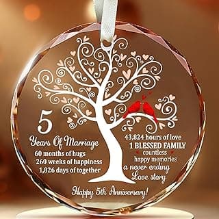 5th Wedding Anniversary Glass Ornament for Couple, Wife, Husband or Parents, Unique Wood Wedding Anniversary Idea, A Meaningful Christmas Decor to Celebrate Five Years of Love