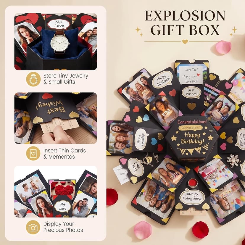 Koogel Explosion Gift Box, Handmade Exploding Photo Album Preassembled Surprise Picture Pop Up Love Box with Creative DIY Scrapbooking Accessories for Anniversary Birthday Wedding