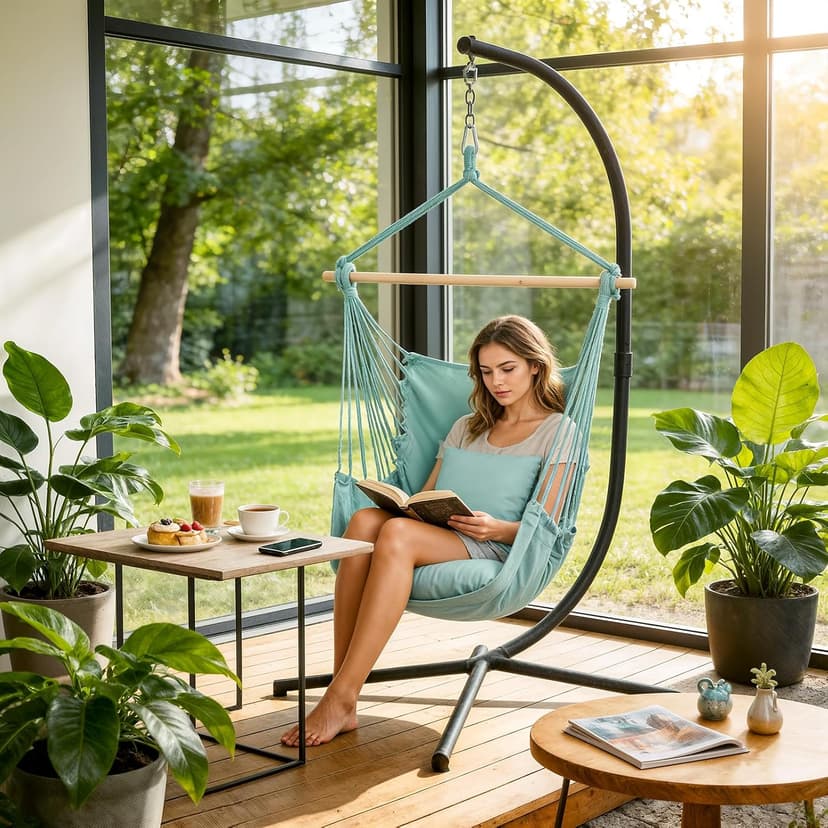 Athena Collection Hammock Chair Hanging Rope Swing Chair with 2 Cushions, Max 350 Lbs, Hanging Macrame Chair with Anti-Slip Grooves Spreader Bar and Pocket for Outdoor Indoor Patio Yard, Green