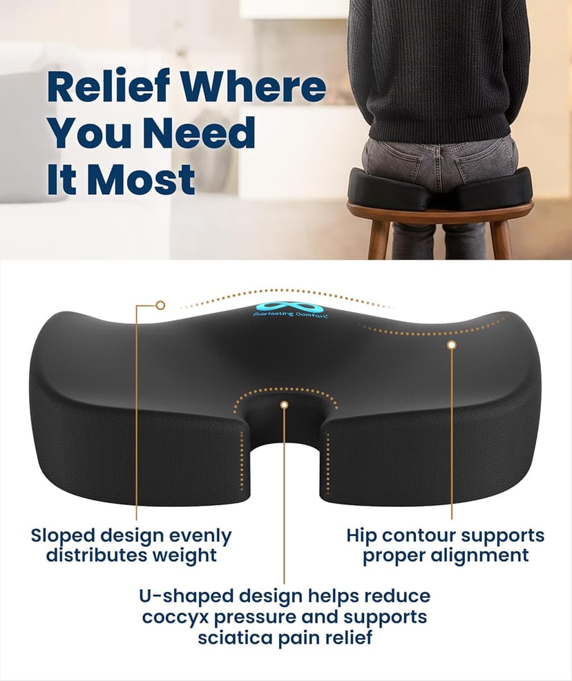 Everlasting Comfort Doctor Recommended Memory Foam Seat Cushion for Office Chairs & Car - Ergonomic Office Desk Accessories - Cushions for Tailbone Pain Relief, Sciatica (Black, Large)