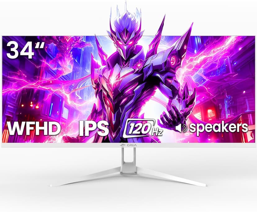 CRUA 34'' Ultrawide Gaming Monitor 120HZ, 21:9 WFHD 2560X1080 IPS Panel Computer Monitors with Built-in Speakers, Support AMD FreeSync, 120% sRGB, DP1.4 & HDMI1.4, Wall Mountable Installs-White