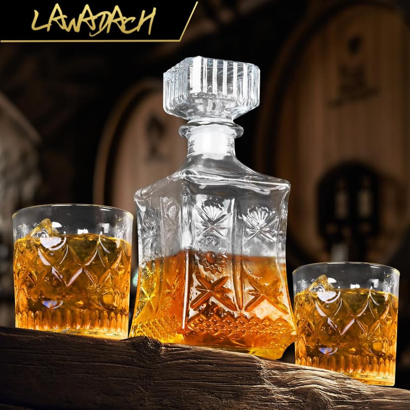 Whiskey Decanter for Men, Glass Liquor Decanter Set with 2 Whiskey Glasses, Decanter for Tequila,Bourbon, Scotch, Brandy and Vodka, Gift for Men, Ideal Home Bar Decor - 28oz