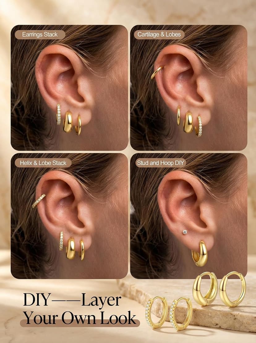 Hypoallergenic Small Hoop Earrings, Lightweight Comfortable Huggies, Non Tarnish, Multiple Piercing Set, Great Gift for Women 9 Pairs Gold Huggie Hoop Earrings for Women, 14K Gold Plated Stackable Set B0GKFRTLQ8