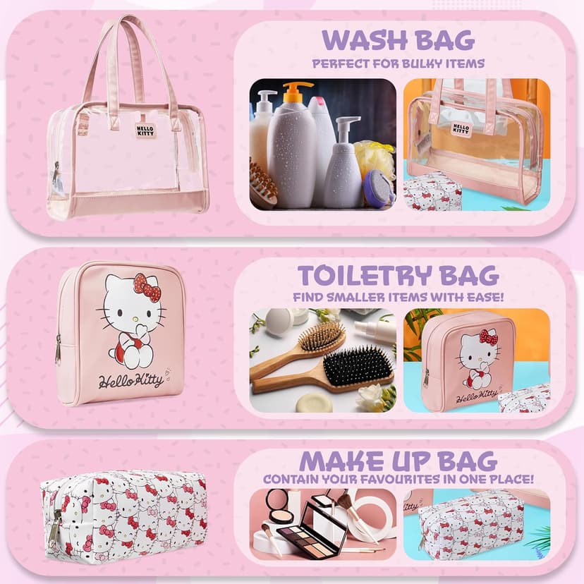 Hello Kitty Toiletry Bag and Makeup Bag Set of 3 for Women Teens Girls Zipped Cosmetics Case Kawaii Travel Essentials Anime Gifts for Her