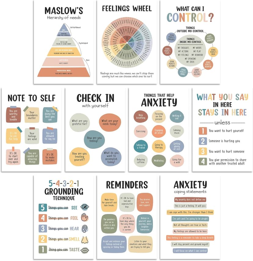 10 Pcs Care Mental Health Posters, Mental Health Matters Poster, Therapy Office Decor, Counseling Office Must Haves, School Counselor PR Colorful (Colorful)