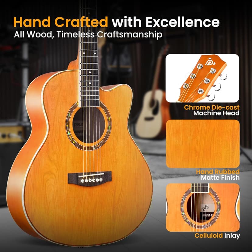 Pyle Steel String Acoustic Guitar Kit, 3/4 Junior Size Cutaway All-Wood Guitarra Acustica with Premium Accessory Set and Upgraded Gig Bag, 36" Orange