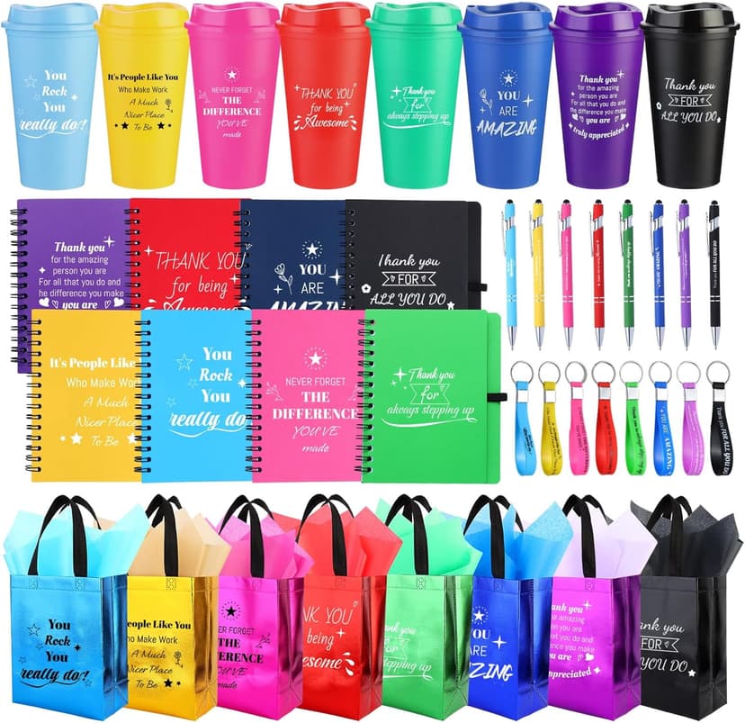 48 Pcs/8 Sets Employee Appreciation Gifts Bulk - Includes Thank You Gift Bags with Tissue Paper Notebooks Pens Cups Keychains - Thank You Gifts for Coworkers Teachers Staff Team Volunteers (Colorful) B0G5DCYSHJ