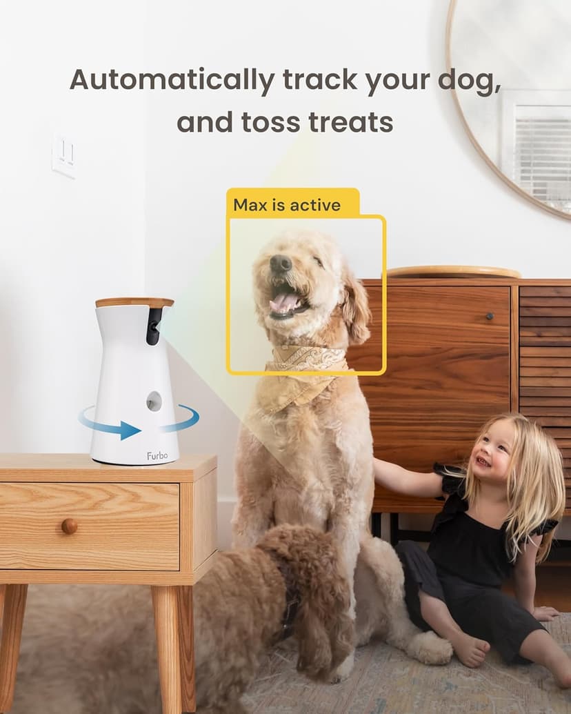 Furbo 360° Dog Camera: Pet Security Cam w/Barking Alerts, Rotating View, Treat Toss w/Phone App, Smart Home Puppy Monitoring, 2-Way Speaker, No Subscription Needed. Standard See, Talk, & Toss Features
