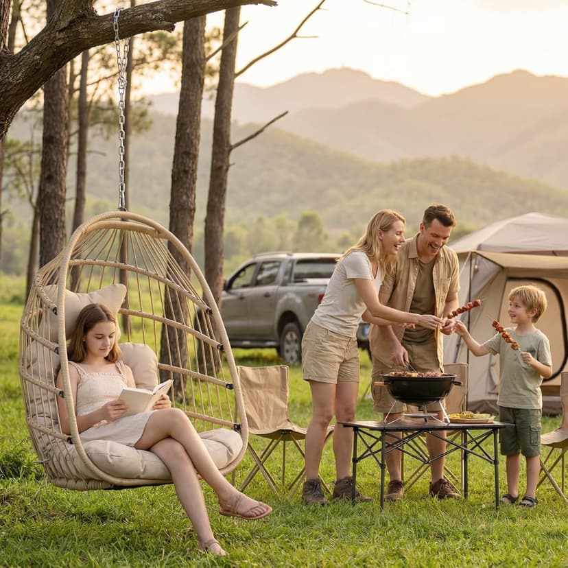 Nicesoul Outdoor Hanging Egg Chair Without Stand, Patio Wicker Swing Egg Basket Chairs with Padded Cushion, 350 Lbs Comfy Cozy Ceiling Tree Swinging Egg-Shaped Chair No Stand for Indoor Balcony, Beige