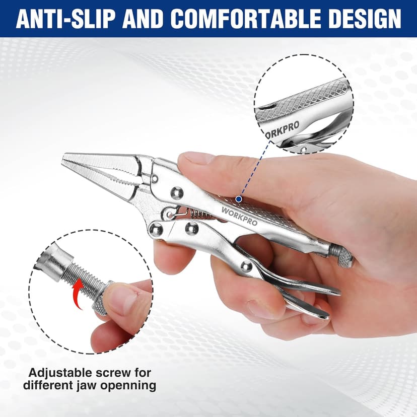 WORKPRO 4-1/2 inch Mini Long Nose Locking Pliers, Chromium-Vanadium Steel Locking Pliers, Locking Adjustable Vise Grips for Clamping Twisting Welding