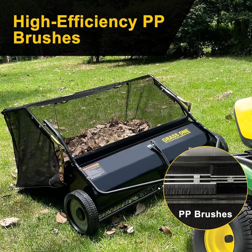 Grass One 44 Inch Tow-Behind Lawn Sweeper with 25 Cu.Ft Hopper Bag, Adjustable Brush Height & Easy Dump-from-Seat – Picks Up Leaves, Grass & Yard Debris, Garden Gift