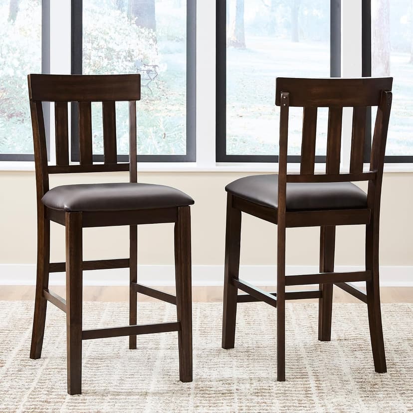 Signature Design by Ashley Haddigan Upholstered Barstool, 2 Count, Slat Back Design, Cushioned Seat, Wood, 25.5" H, Dark Brown