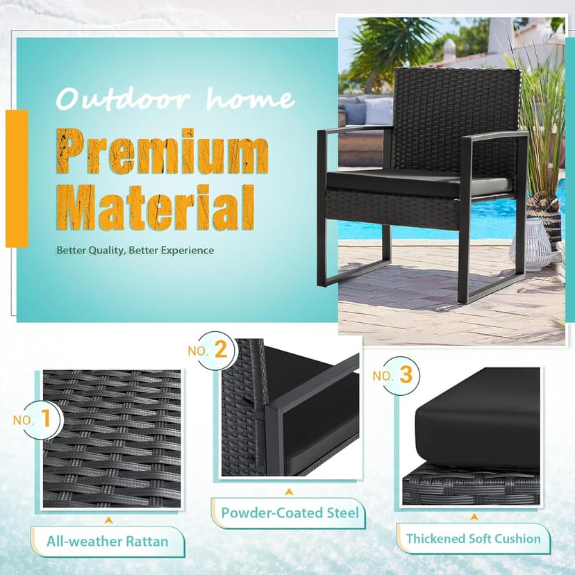 Flamaker 3 Pieces Outdoor Patio Wicker Furniture Set, Modern Rattan Chair Conversation Sets with Coffee Table for Yard and Bistro (Black)