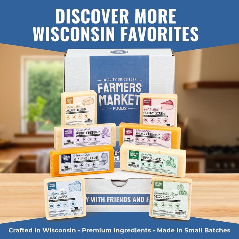 Garlic, Smokey Cheddar, Sharp Cheddar, Pepper Jack, Gouda, Swiss, Mozzarella & Italian Blend – Gluten Free, Keto & Paleo Farmers Market Wisconsin Cheese Artisan Gift Set for Charcuterie, 8 Count B0CRMBJ81D