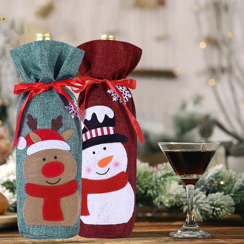 4pcs Christmas Wine Bottle Bags Burlap Wine Bottle Gift Bags with Drawstring, Reusable Santa Claus, Snowman & Reindeer Drawstring Covers for Xmas New Year Party Table Decoration