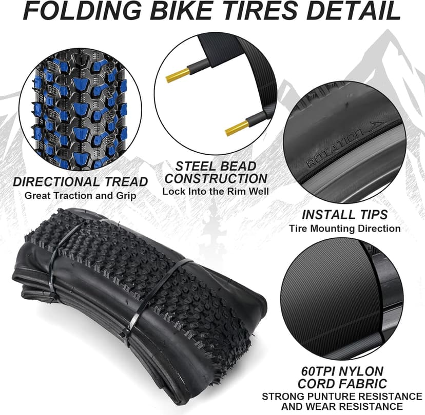Hapleby 2PCS Premium Folding Bike Tires 26x1.95 Inch (50-559mm), Replacement Mountain Bike Tires 60 TPI Puncture-Resistant, Came with 2PCS Tire levers