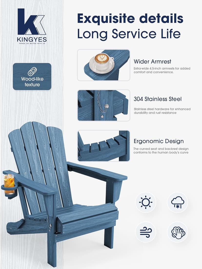 KINGYES Folding Adirondack Chair Set of 2, HDPE All-Weather Patio Chairs with Cup Holder, Wooden Textured Fire Pit Chairs Recliner for Poolside, Backyard, Deck, Navy